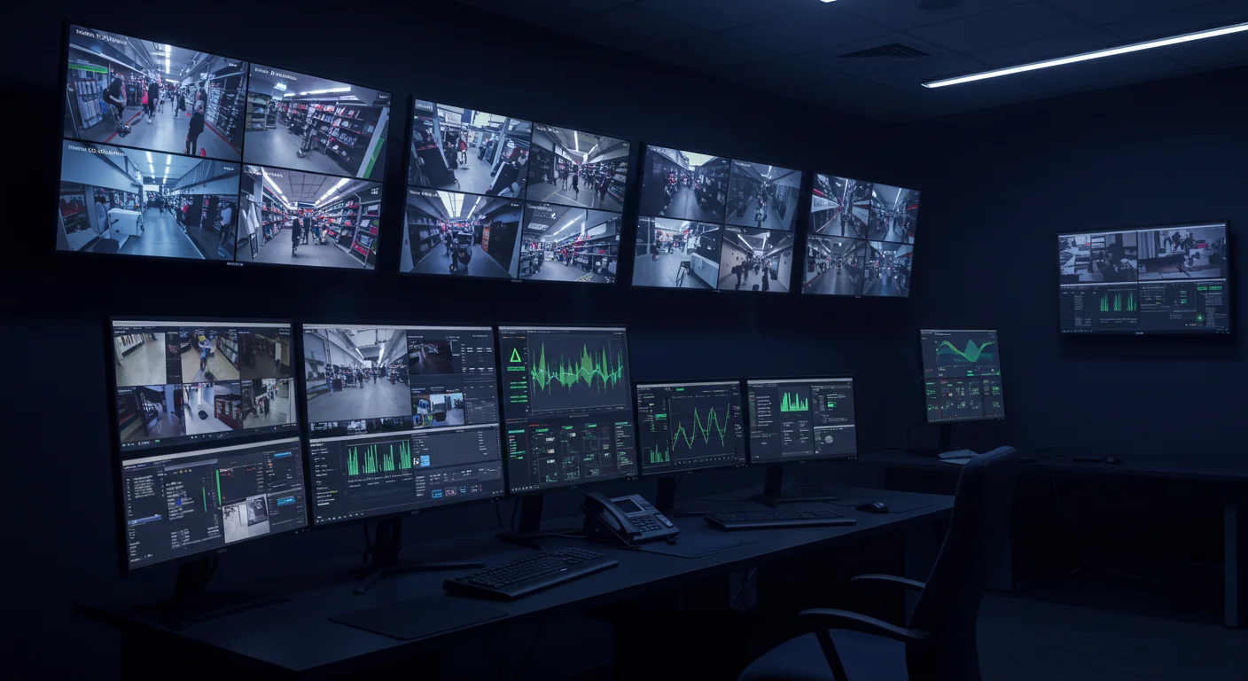 Security operations center monitoring retail camera feeds for loss prevention